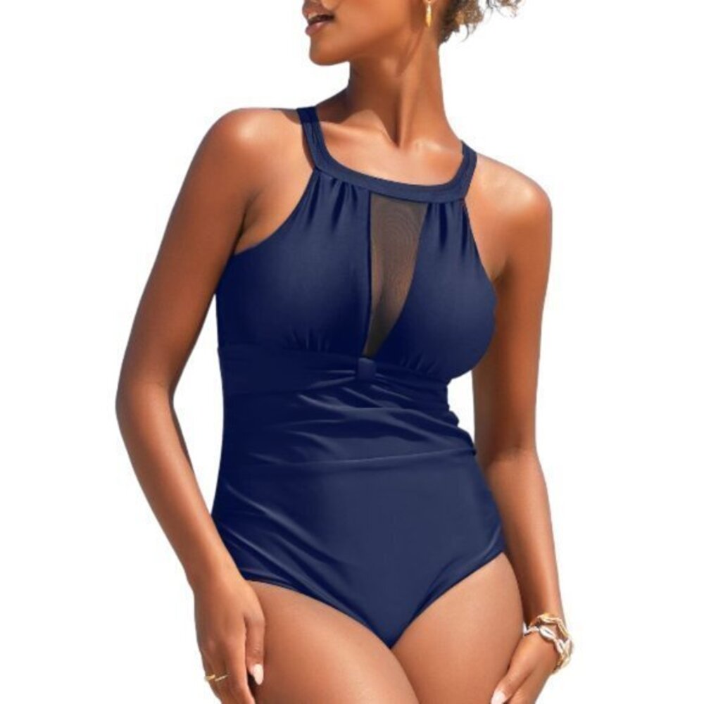 Plunge Mesh V-Neck Monokini Padded Tummy Control Swimsuit Size Large NWT #7339